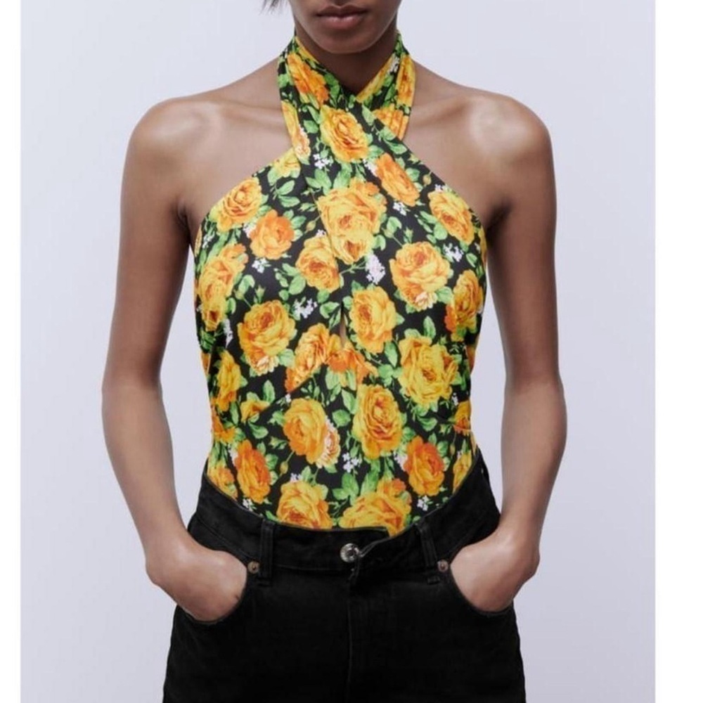 Zara Floral Halter Bodysuit Yellow Roses Print Sleeveless Size S